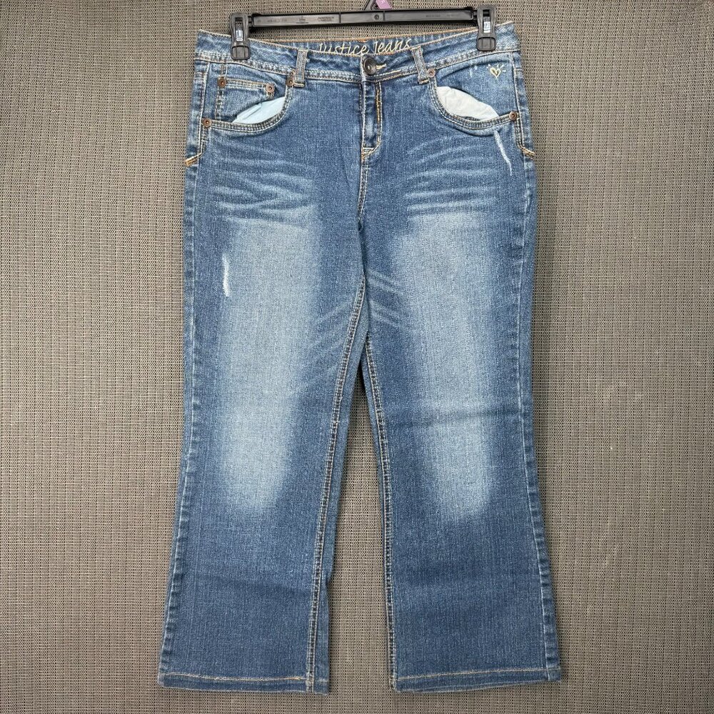 Justice Jeans Girls Size 18 1/2 Blue Bootcut Distressed Denim Jean Cotton Blend